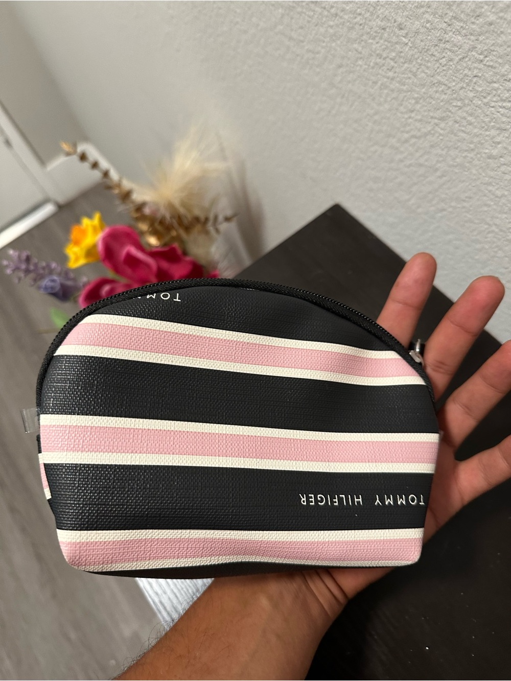 Tommy Hilfiger Black, Pink & White Striped Zip Pouch